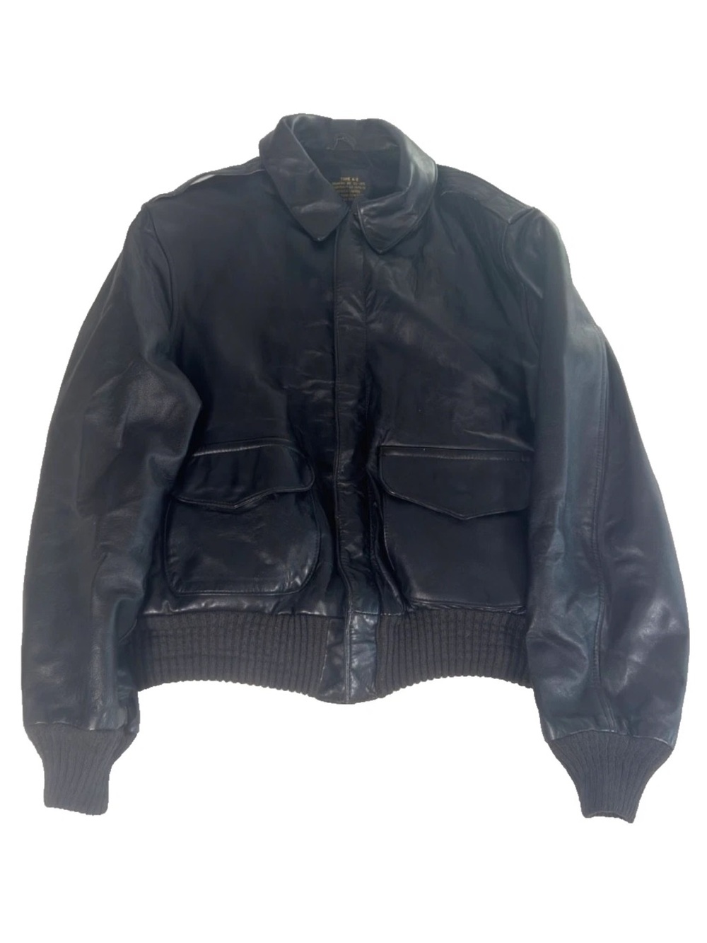 Avirex Black Leather Bomber Jacket with Flap Pockets